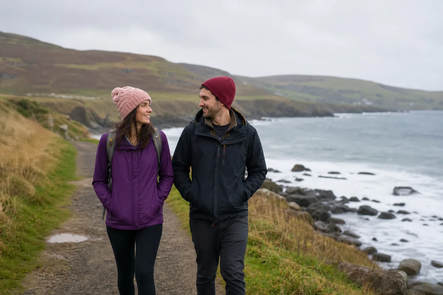 Two people walking beside the harbour in Kirkcudbright, Galloway