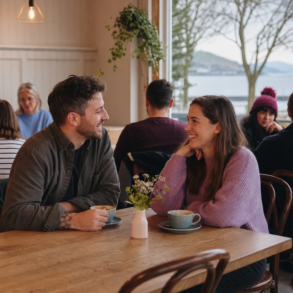 Two adults talking over coffee at a table by a window