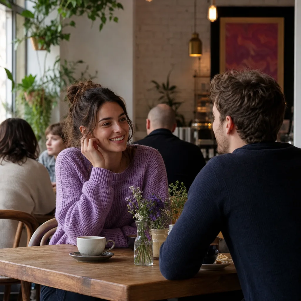 Two people having a relaxed first conversation over coffee in southwest Scotland